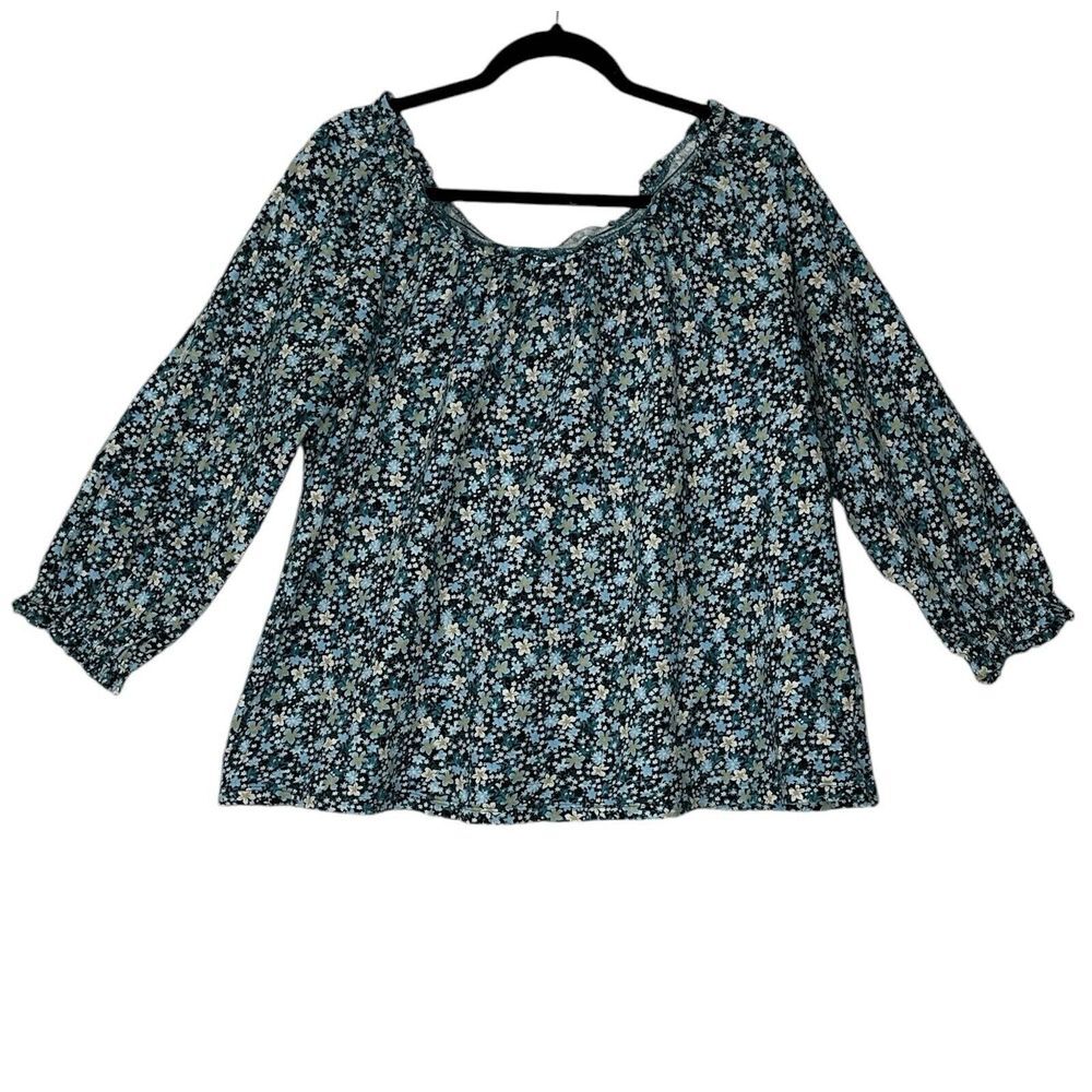 Style & Co Blouse Women's 1X Blue 3/4 sleeve 100% Cotton Floral Romantic